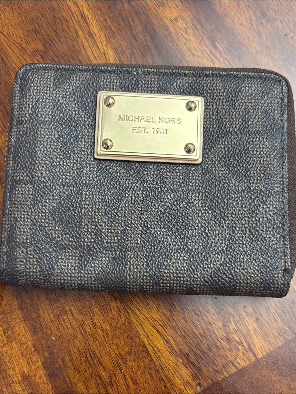 Michael Kors Black Signature Small Zip Card Wallet with Gold Plate